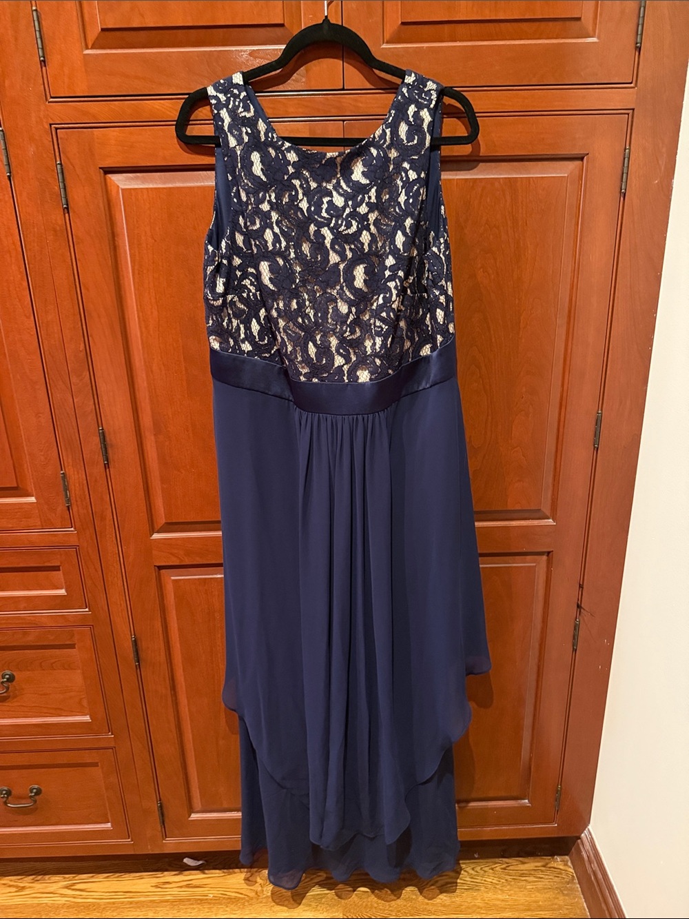 Eliza J Navy and Lace Gown